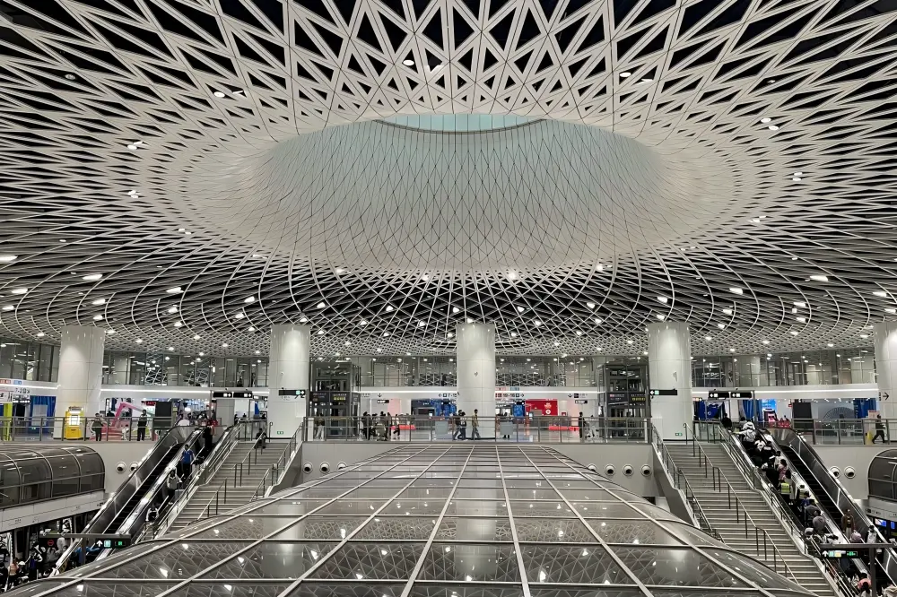 Unique geometric grid dome ceiling of Gangxia North Metro Station Shenzhen