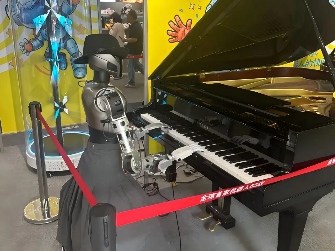 Humanoid robot playing grand piano at robot 6S store
