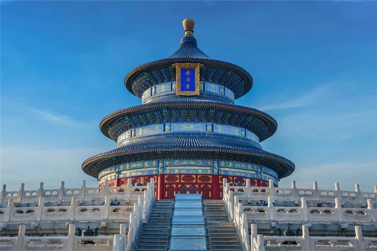 Iconic circular Hall of Prayer for Good Harvests at Temple of Heaven, ancient Chinese imperial temple against clear blue sky