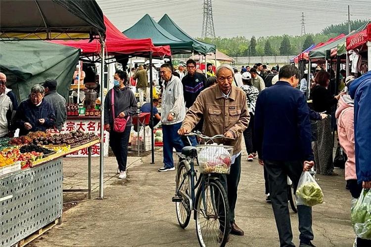 Busy Beijing morning farmers market, local residents shopping for fresh produce, street stalls with colorful tents