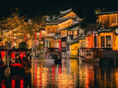 Xitang Ancient Town Night View with Red Lanterns & Rowing Boats