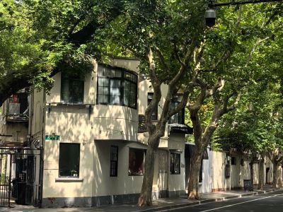 Quiet street view of vintage historic villa shaded by lush plane trees on Shanghai Wukang Road