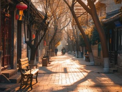 Serene ancient Beijing hutong lined with grey brick houses, red lanterns and warm sunlight casting tree shadows on stone path