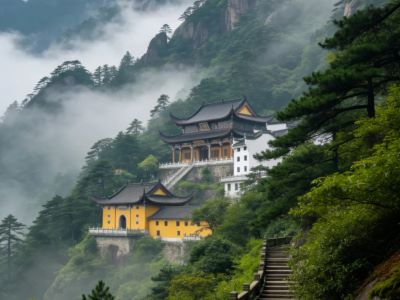 Yellow wall Buddhist temples built on mountain cliffs of Jiuhua Mountain, surrounded by sea of clouds and green pine trees
