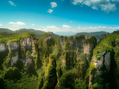 Green sandstone pillars under clear blue sky, Zhangjiajie National Forest Park