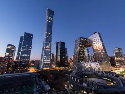Beijing CBD skyline dusk view with CITIC Tower and CCTV Headquarters modern skyscraper city tour