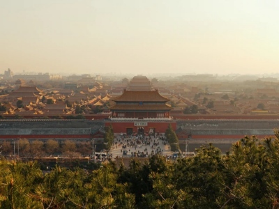 Aerial panoramic view of the central axis of the Forbidden City in Beijing