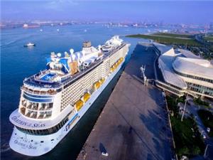 International cruise ship docked at Tianjin Cruise Port with panoramic view