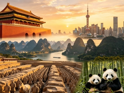 Famous China Landmarks Collage Tiananmen Shanghai Guilin Terracotta Pandas