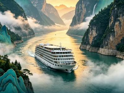 Luxury Yangtze River Cruise Ship Sailing Through Three Gorges Steep Cliffs At Golden Sunrise Chinese Landscape