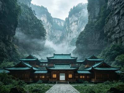 Traditional Chinese buildings surrounded by misty cliffs and lush mountains in Wulong Karst Scenic Area