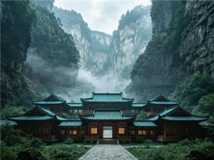 Traditional Chinese buildings surrounded by misty cliffs and lush mountains in Wulong Karst Scenic Area
