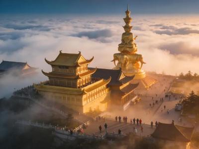 A panoramic view of the sunrise at the Golden Summit of Mount Emei during a trip to Sichuan