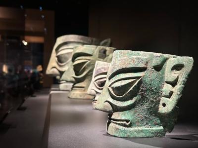 Sanxingdui bronze masks displayed at the museum, ancient Shu civilization artifacts in Sichuan, China