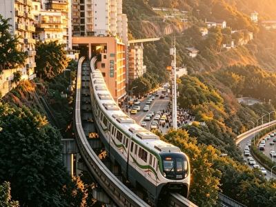 Chongqing Liziba monorail through building at golden sunset, unique mountain city landmark view