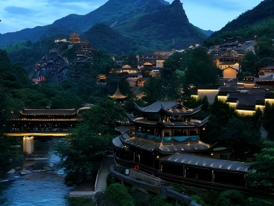 Night scenery of Wangxiangu, ancient buildings nestled in mountains beside river