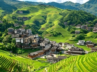 Green layered Longji rice terraces and mountain village in Guangxi