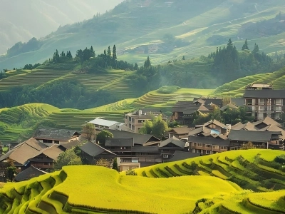 Golden rice terraces and mountain village in Longji, Guilin