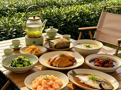 Outdoor table set with Chinese local dishes and brewed green tea in tea?plantation village