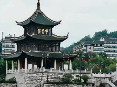Famous ancient Jiaxiu Tower along Nanming River Guiyang China traditional building