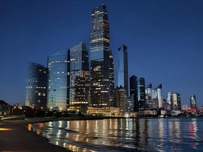 Night view of high-rise buildings in Fushan Bay Business District, Qingdao