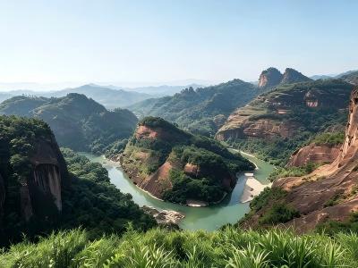 Panoramic view of Jiuxi River winding through the Danxia landforms of Wuyi Mountain in Fujian