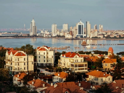 Scenery of Qingdao old town and bay overlook from Xiaoyu Hill
