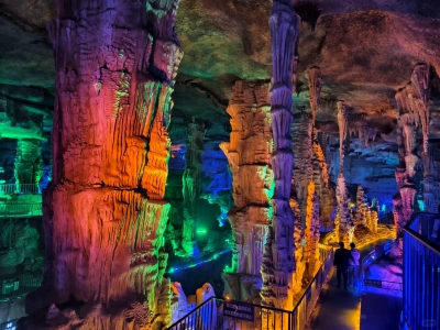Colorful stalactite and stalagmite landscape inside Tai'an Underground Dragon Palace