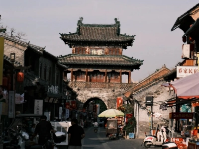 Ancient bell tower and traditional old street scenery in Luoyang historic district