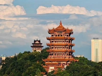 Ancient multi-tiered Chinese pagoda on green hill, classic historic landmark in Hubei