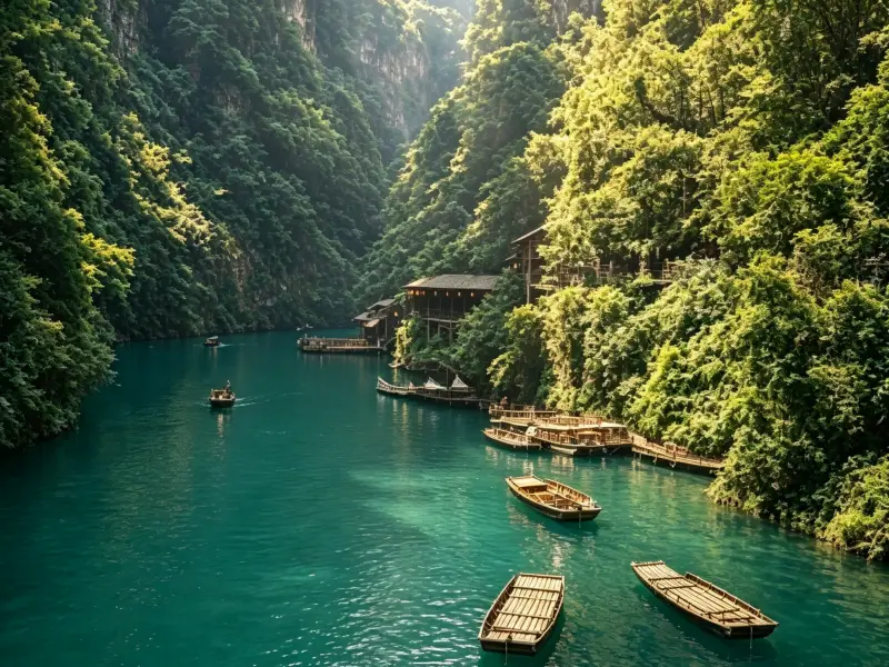 Emerald?green river in deep karst gorge, wooden boats and Tujia stilt?houses, lush mountain valley scenery.