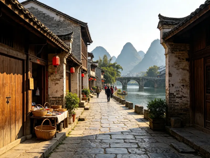 Old stone street with traditional Chinese wooden houses, riverside ancient stone?arch bridge, karst peaks background, Guilin