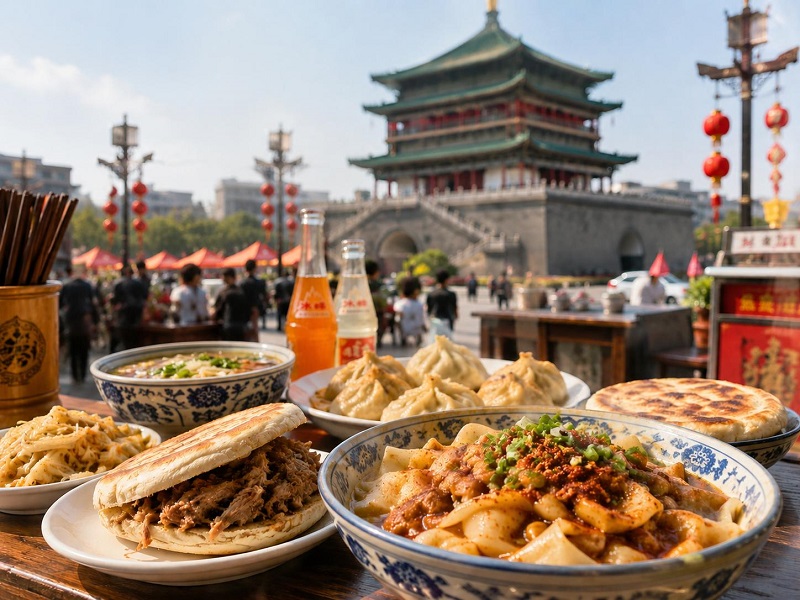 Authentic Xi’an street food with roujiamo, noodles and dumplings in front of the Bell Tower in daylight