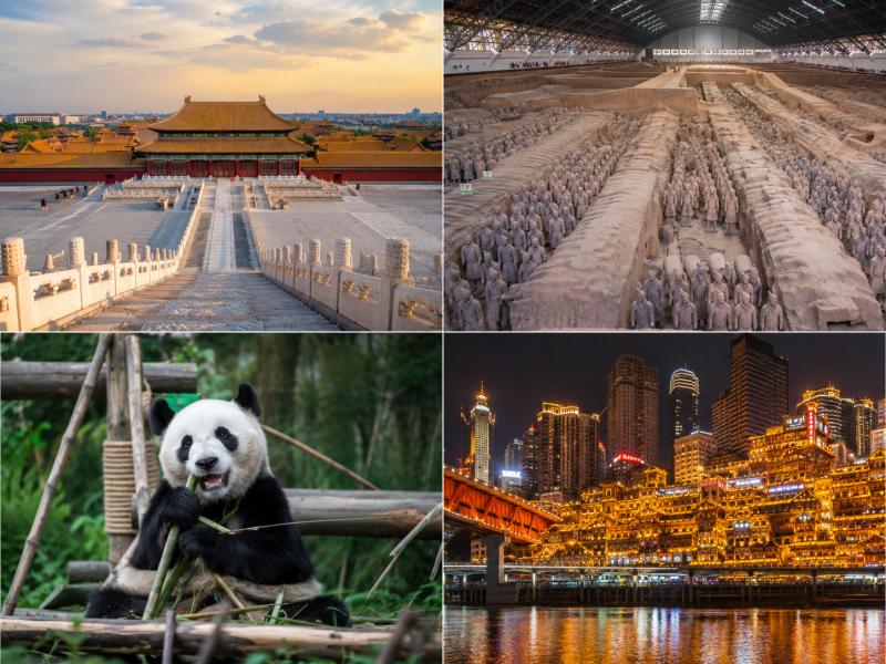 Realistic photos of Beijing's Forbidden City, Xi'an Terracotta Warriors, Chengdu giant panda and Chongqing night skyline