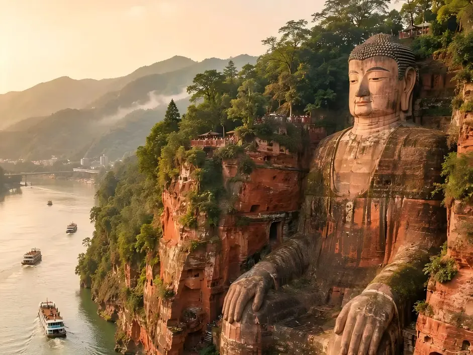 Majestic Leshan Giant Buddha carved on cliff by river with cruise boats