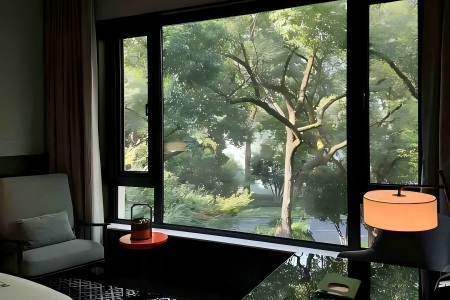 Hotel room near West Lake Hangzhou, large window overlooking lush green woods, cozy indoor lounge area