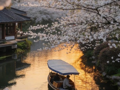 Boat cruising under blooming cherry blossoms, peaceful spring waterfront view of Hangzhou