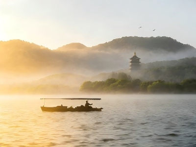 Misty Sunrise at West Lake with Leifeng Pagoda and Rowing Boat
