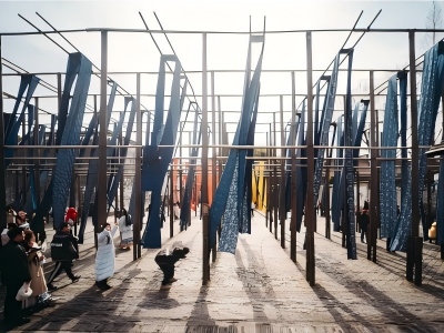 Indigo printed cloth hanging to dry in ancient dye yard