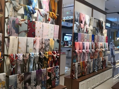 Various Printed Silk Scarves in Boutique