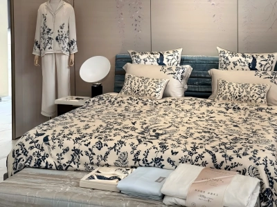 Silk bedding set with blue and white floral pattern displayed in a bedroom scene
