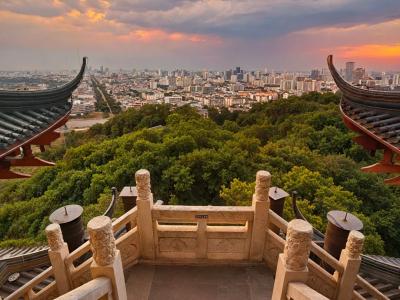 Hangzhou City God Pavilion Sunset Panoramic City View Tour
