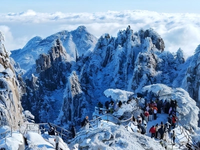 Tourists Enjoying Snow View at Huangshan View Platform