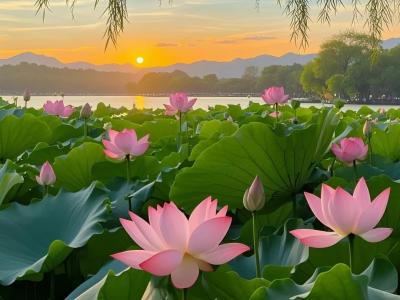 The scene of lotus flowers blooming in West Lake in summer