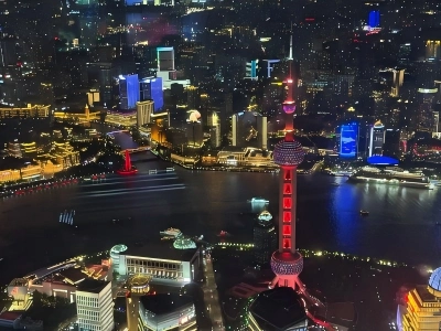 Aerial Night View of Oriental Pearl Tower Lujiazui