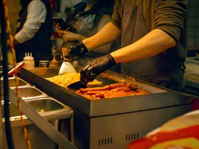 Chef Cooking Street Food on Flat Griddle