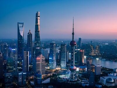 Panoramic view of the Bund CBD in Shanghai at dusk
