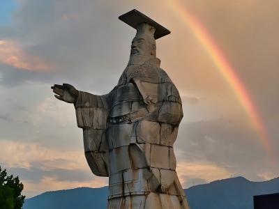 Qin Shi Huang statue with rainbow at the Terracotta Warriors scenic area