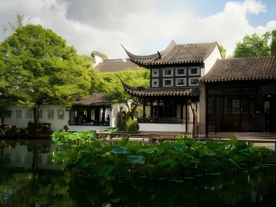Suzhou Classical Garden lotus pond ancient building summer view