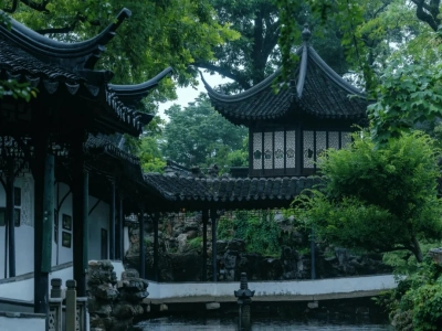 Lush Summer Pavilion Corridor in Suzhou Garden
